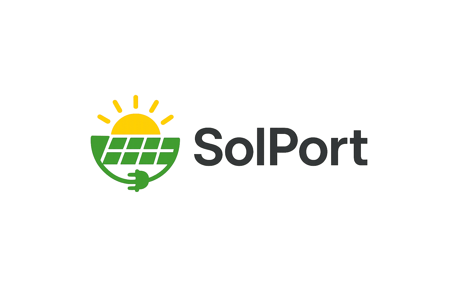 Logo design featuring a stylized yellow sun rising over solar panels, integrated with a green plug, next to the text "SolPort" on a black background.
