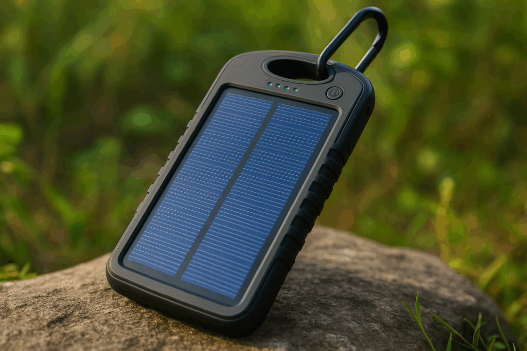 Portable solar power bank with blue solar panel and black casing placed on a rock in a green outdoor nature setting.