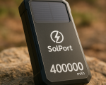 A black SolPort power bank with a solar panel, labeled "400,000 mAh," rests on a rock outdoors. The setting conveys durability and eco-friendliness.